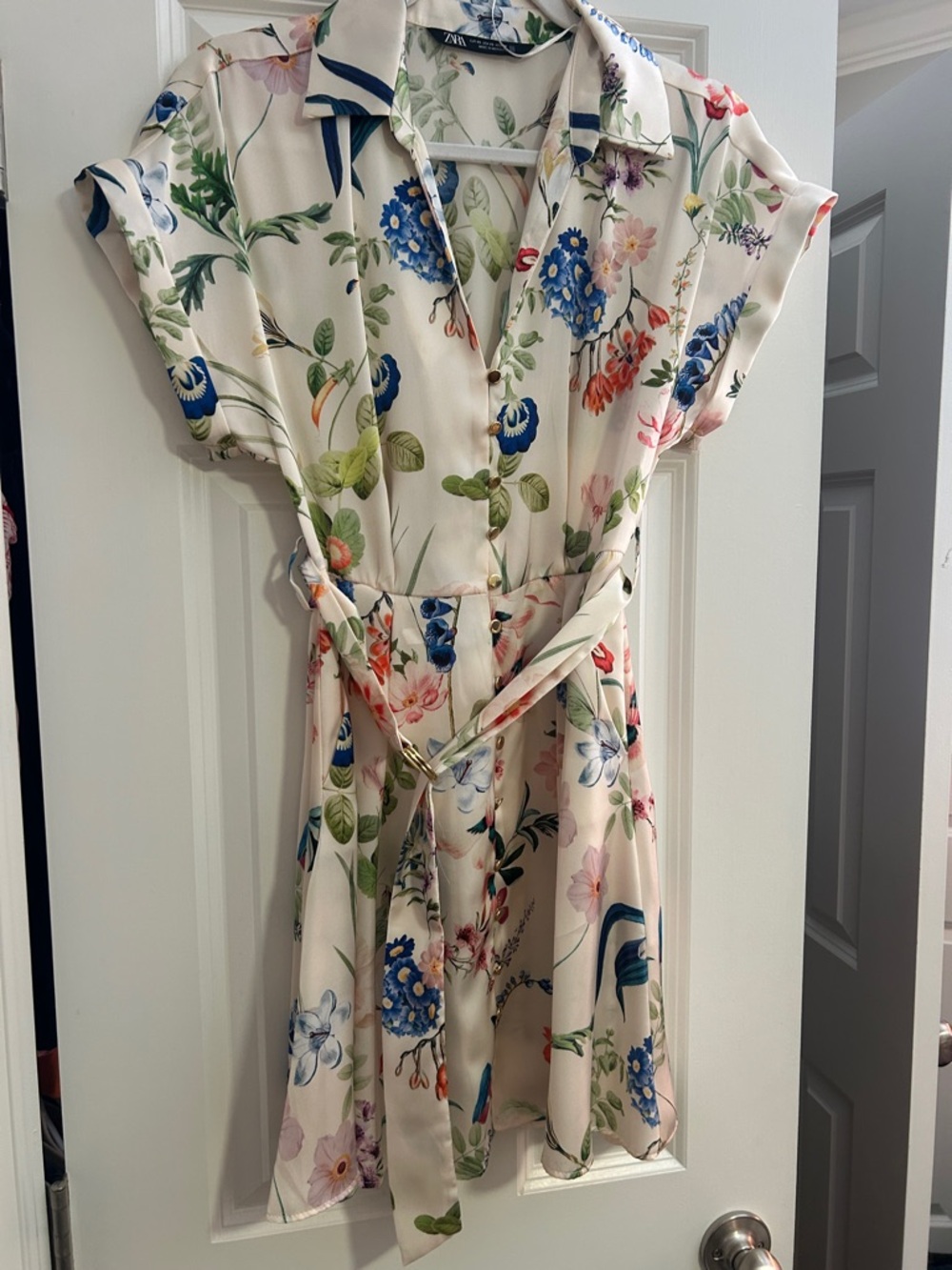 Zara Cream Floral Mini Dress with Blue & Green Accents
